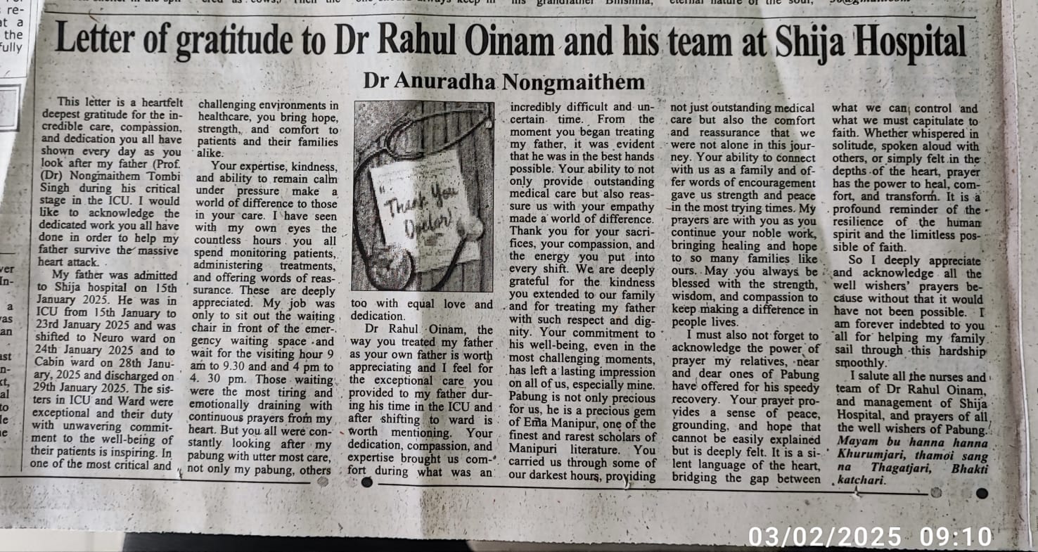 Letter of gratitude to Dr. Rahul Oinam and his team at Shija Hospital